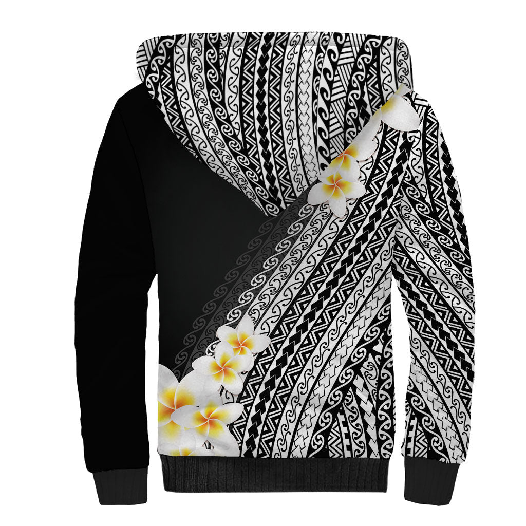 Tahiti Plumeria Tribal Pattern Sherpa Hoodie Wave Style Black LT05 - Polynesian Pride