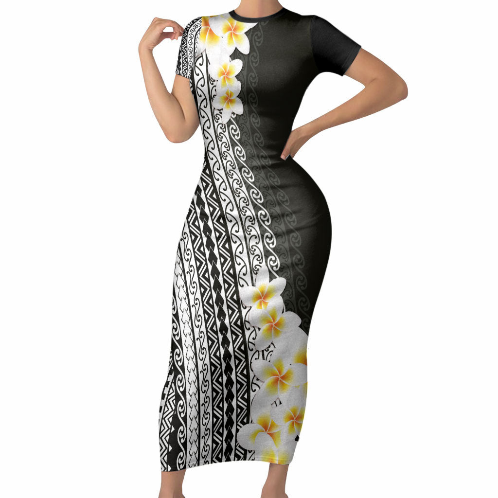 Tahiti Plumeria Tribal Pattern Short Sleeve Bodycon Dress Wave Style Black LT05 Long Dress Black - Polynesian Pride