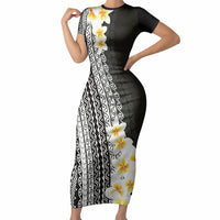 Tahiti Plumeria Tribal Pattern Short Sleeve Bodycon Dress Wave Style Black LT05 Long Dress Black - Polynesian Pride