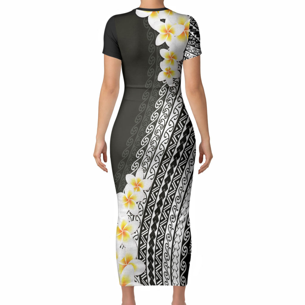 Tahiti Plumeria Tribal Pattern Short Sleeve Bodycon Dress Wave Style Black LT05 - Polynesian Pride