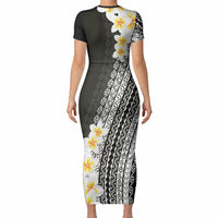 Tahiti Plumeria Tribal Pattern Short Sleeve Bodycon Dress Wave Style Black LT05 - Polynesian Pride