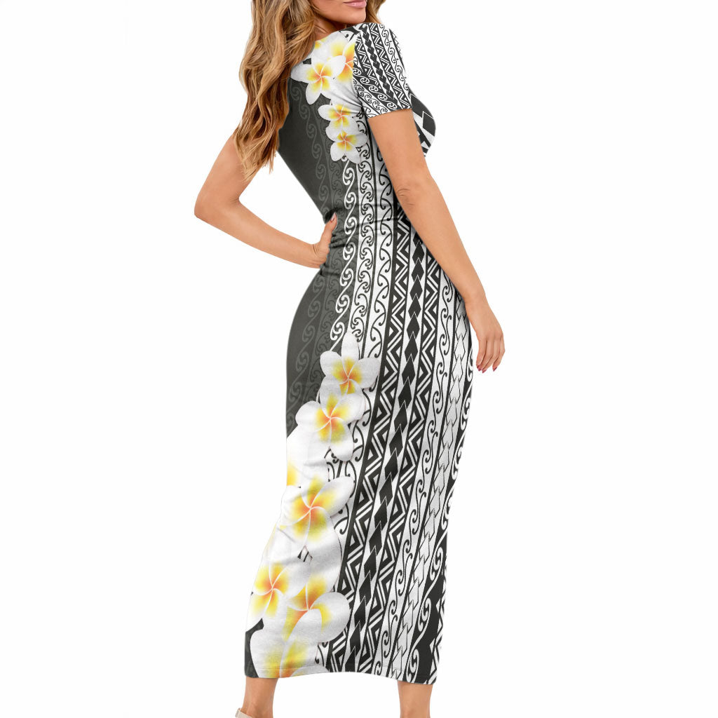 Tahiti Plumeria Tribal Pattern Short Sleeve Bodycon Dress Wave Style Black LT05 - Polynesian Pride