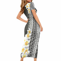 Tahiti Plumeria Tribal Pattern Short Sleeve Bodycon Dress Wave Style Black LT05 - Polynesian Pride