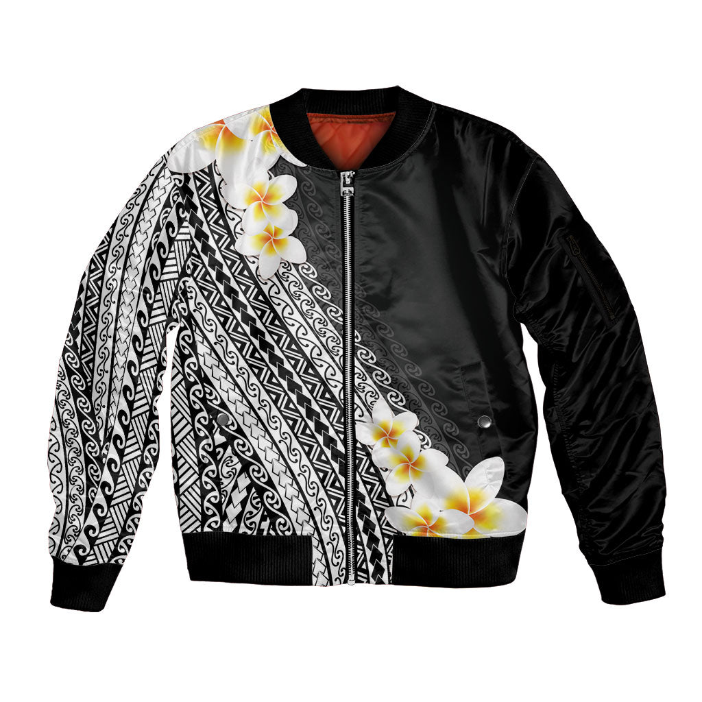 Tahiti Plumeria Tribal Pattern Sleeve Zip Bomber Jacket Wave Style Black LT05 Unisex Black - Polynesian Pride