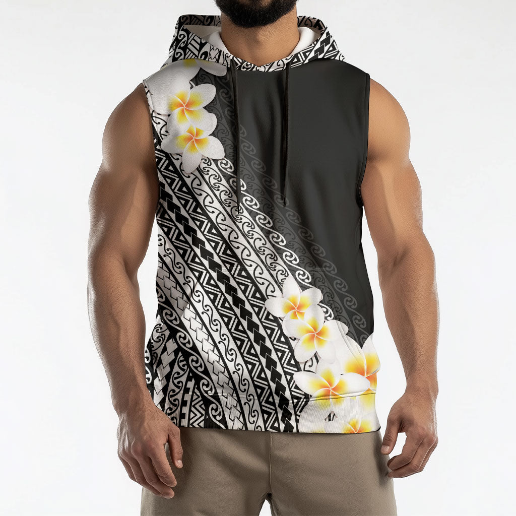 Tahiti Plumeria Tribal Pattern Sleeveless Hoodie Wave Style Black LT05 - Polynesian Pride