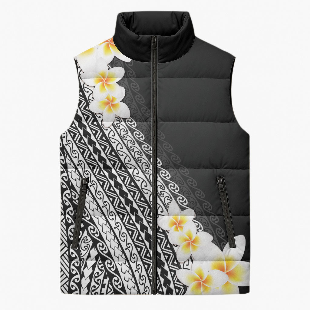 Tahiti Plumeria Tribal Pattern Sleeveless Puffer Jacket Wave Style Black LT05 Unisex Black - Polynesian Pride