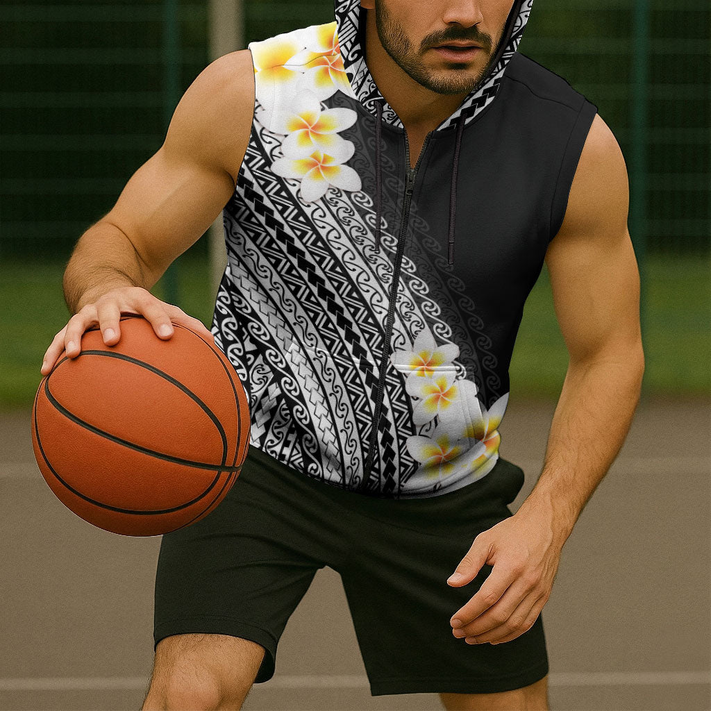 Tahiti Plumeria Tribal Pattern Sleeveless Zip Hoodie Wave Style Black LT05 - Polynesian Pride