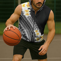 Tahiti Plumeria Tribal Pattern Sleeveless Zip Hoodie Wave Style Black LT05 - Polynesian Pride