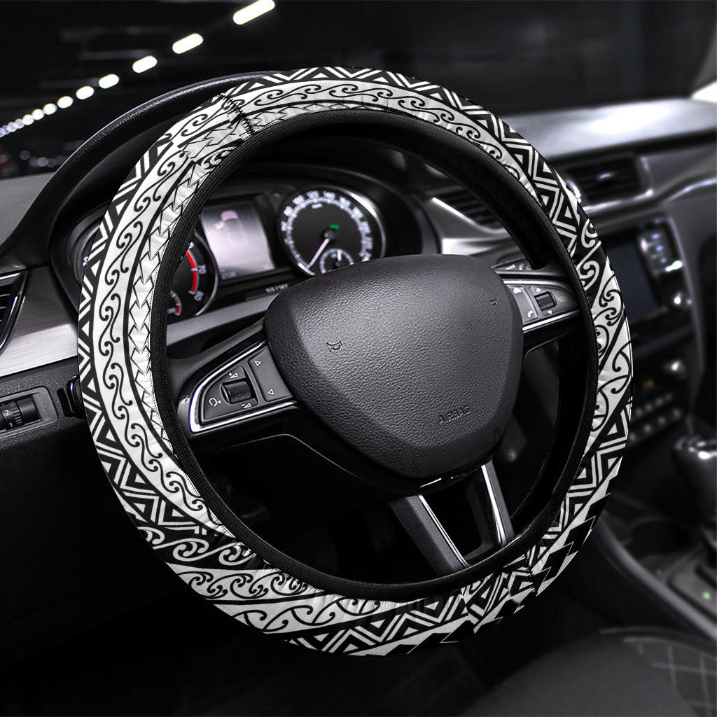 Tahiti Plumeria Tribal Pattern Steering Wheel Cover Wave Style Black LT05 Universal Fit Black - Polynesian Pride