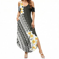 Tahiti Plumeria Tribal Pattern Summer Maxi Dress Wave Style Black LT05 Women Black - Polynesian Pride