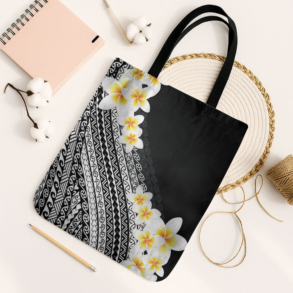 Tahiti Plumeria Tribal Pattern Tote Bag Wave Style Black LT05 Black Strap One Size Black - Polynesian Pride