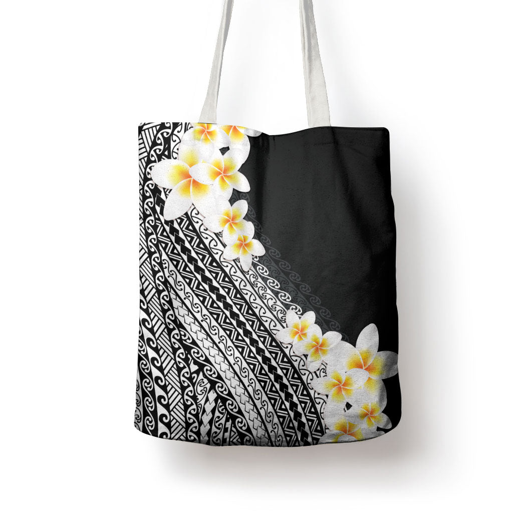 Tahiti Plumeria Tribal Pattern Tote Bag Wave Style Black LT05 - Polynesian Pride