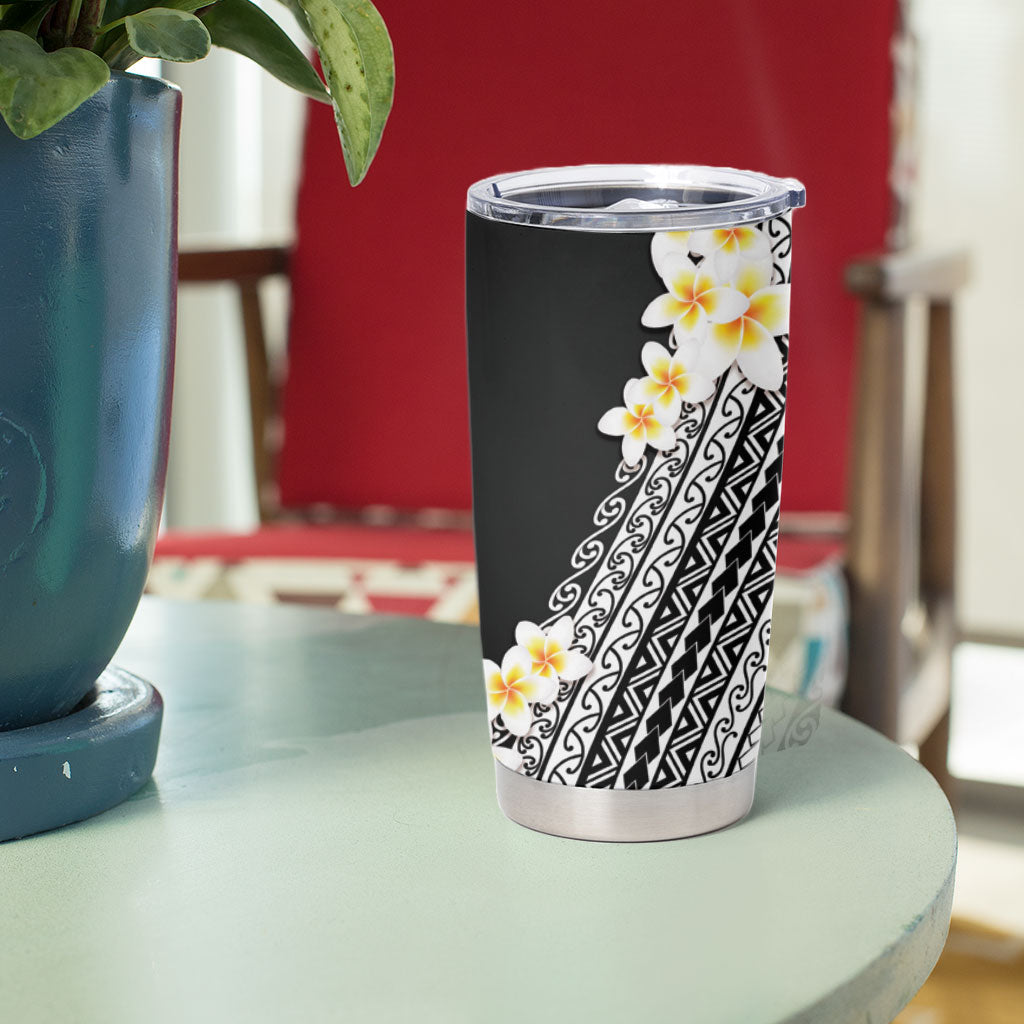 Tahiti Plumeria Tribal Pattern Tumbler Cup Wave Style Black LT05 - Polynesian Pride