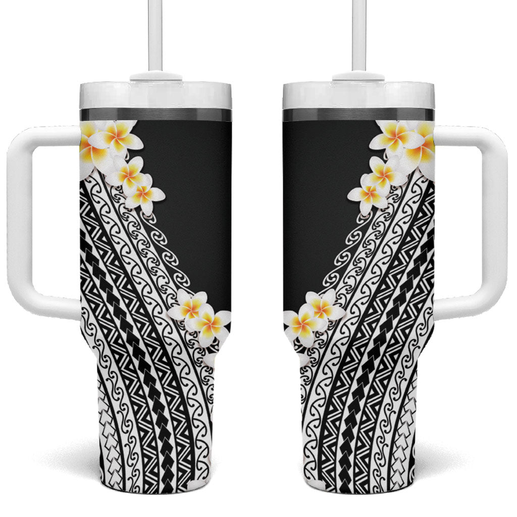 Tahiti Plumeria Tribal Pattern Tumbler With Handle Wave Style Black LT05 One Size: 40 oz Black - Polynesian Pride