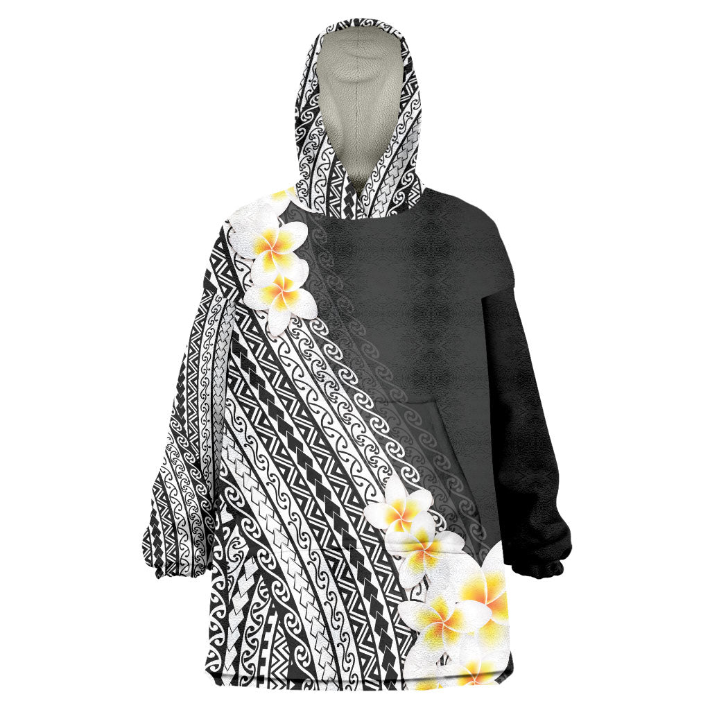 Tahiti Plumeria Tribal Pattern Wearable Blanket Hoodie Wave Style Black LT05 One Size Black - Polynesian Pride