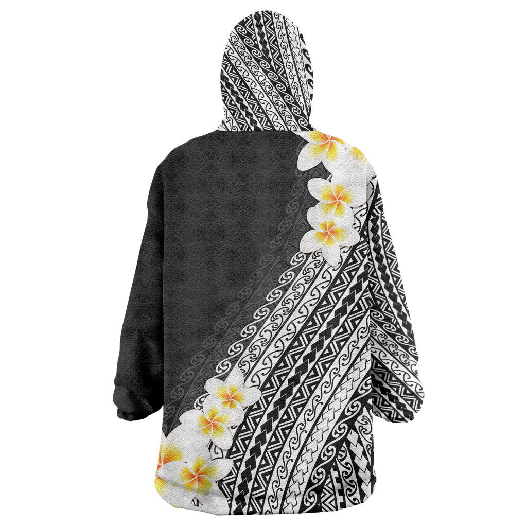 Tahiti Plumeria Tribal Pattern Wearable Blanket Hoodie Wave Style Black LT05 - Polynesian Pride