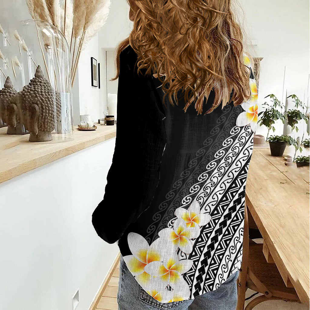 Tahiti Plumeria Tribal Pattern Women Casual Shirt Wave Style Black LT05 - Polynesian Pride