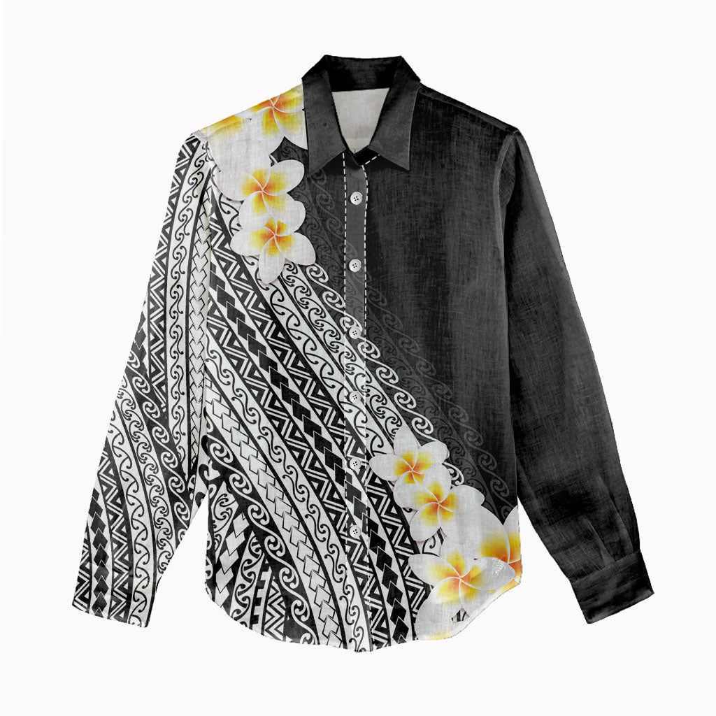 Tahiti Plumeria Tribal Pattern Women Casual Shirt Wave Style Black LT05 - Polynesian Pride