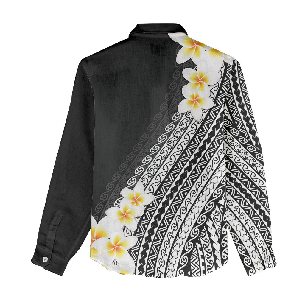 Tahiti Plumeria Tribal Pattern Women Casual Shirt Wave Style Black LT05 - Polynesian Pride
