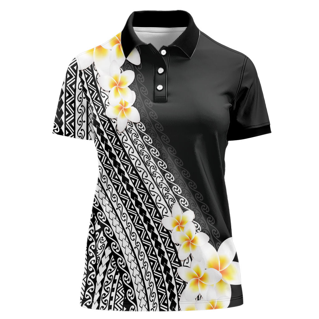 Tahiti Plumeria Tribal Pattern Women Polo Shirt Wave Style Black LT05 Female Black - Polynesian Pride