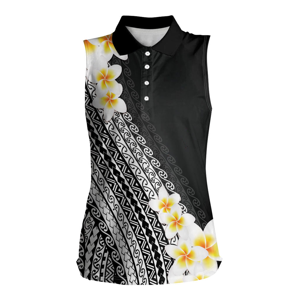 Tahiti Plumeria Tribal Pattern Women Sleeveless Polo Shirt Wave Style Black LT05 Female Black - Polynesian Pride