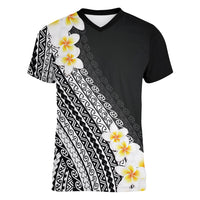 Tahiti Plumeria Tribal Pattern Women V-Neck T-Shirt Wave Style Black LT05 Female Black - Polynesian Pride