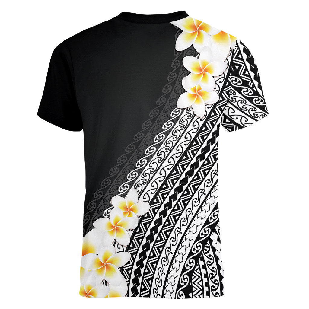 Tahiti Plumeria Tribal Pattern Women V-Neck T-Shirt Wave Style Black LT05 - Polynesian Pride