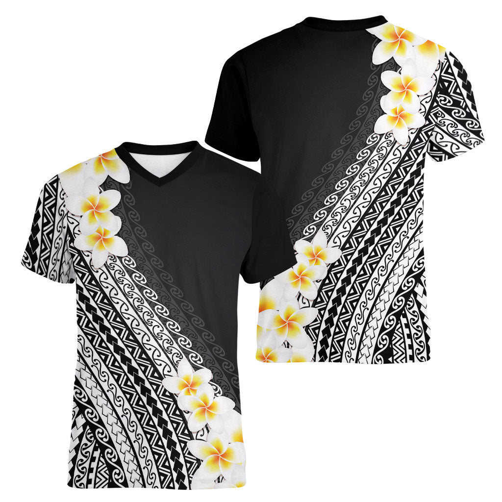 Tahiti Plumeria Tribal Pattern Women V-Neck T-Shirt Wave Style Black LT05 - Polynesian Pride