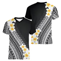 Tahiti Plumeria Tribal Pattern Women V-Neck T-Shirt Wave Style Black LT05 - Polynesian Pride