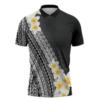 Tahiti Plumeria Tribal Pattern Zipper Polo Shirt Wave Style Black LT05 Black - Polynesian Pride