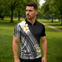 Tahiti Plumeria Tribal Pattern Zipper Polo Shirt Wave Style Black LT05 - Polynesian Pride