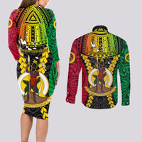 Vanuatu Couples Matching Long Sleeve Bodycon Dress and Long Sleeve Button Shirts Vanuatuan Coat Of Arms Mix Pig Tusk Poynesian Pattern LT05 - Polynesian Pride