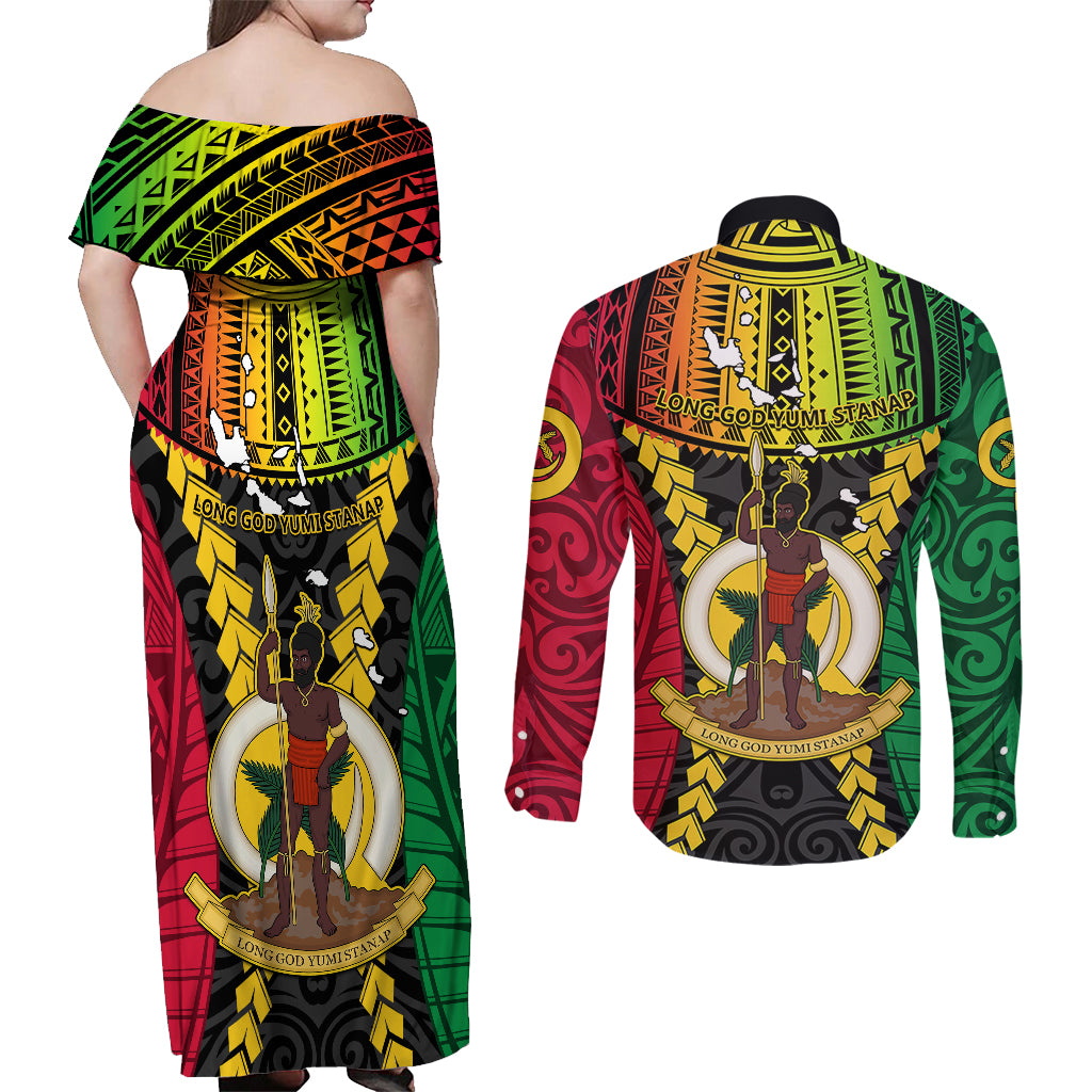 Vanuatu Couples Matching Off Shoulder Maxi Dress and Long Sleeve Button Shirts Vanuatuan Coat Of Arms Mix Pig Tusk Poynesian Pattern LT05 - Polynesian Pride