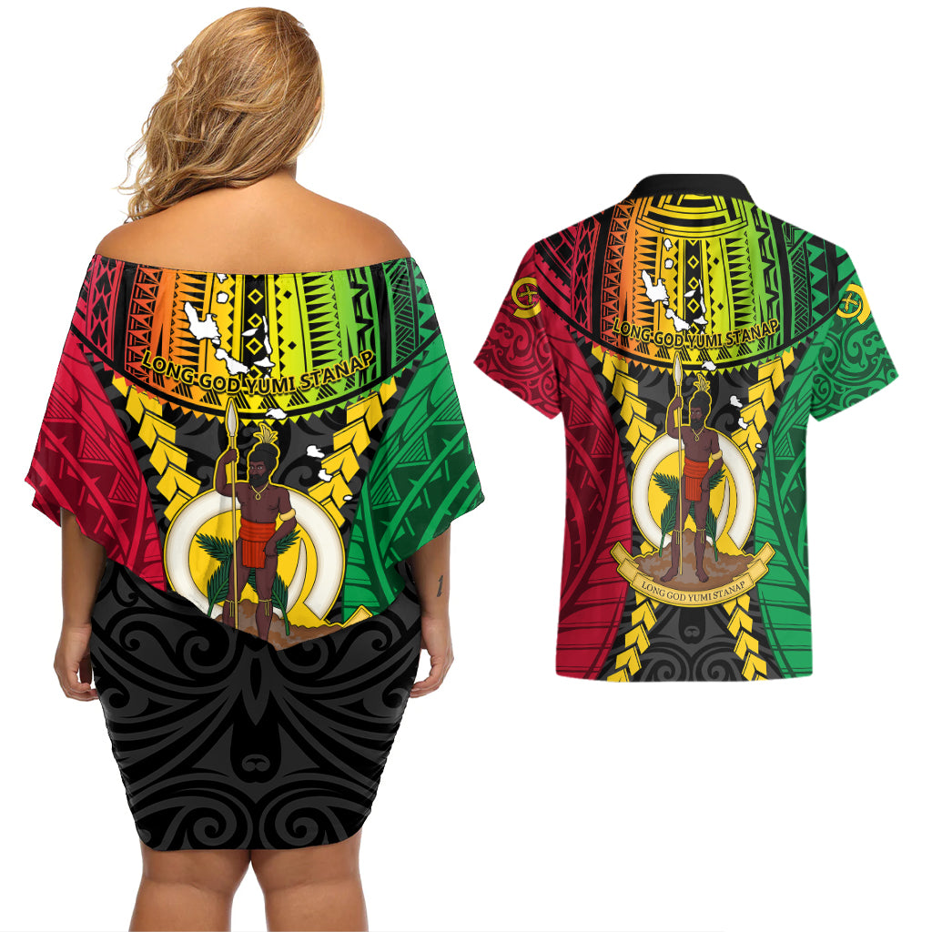 Vanuatu Couples Matching Off Shoulder Short Dress and Hawaiian Shirt Vanuatuan Coat Of Arms Mix Pig Tusk Poynesian Pattern LT05 - Polynesian Pride