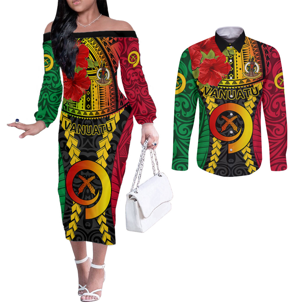 Vanuatu Couples Matching Off The Shoulder Long Sleeve Dress and Long Sleeve Button Shirts Vanuatuan Coat Of Arms Mix Pig Tusk Poynesian Pattern LT05 Reggae - Polynesian Pride