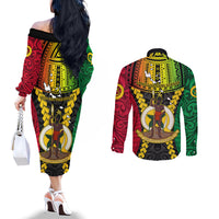 Vanuatu Couples Matching Off The Shoulder Long Sleeve Dress and Long Sleeve Button Shirts Vanuatuan Coat Of Arms Mix Pig Tusk Poynesian Pattern LT05 - Polynesian Pride