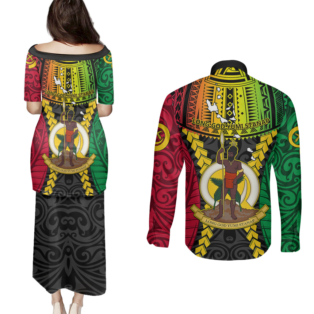 Vanuatu Couples Matching Puletasi Dress and Long Sleeve Button Shirts Vanuatuan Coat Of Arms Mix Pig Tusk Poynesian Pattern LT05 - Polynesian Pride