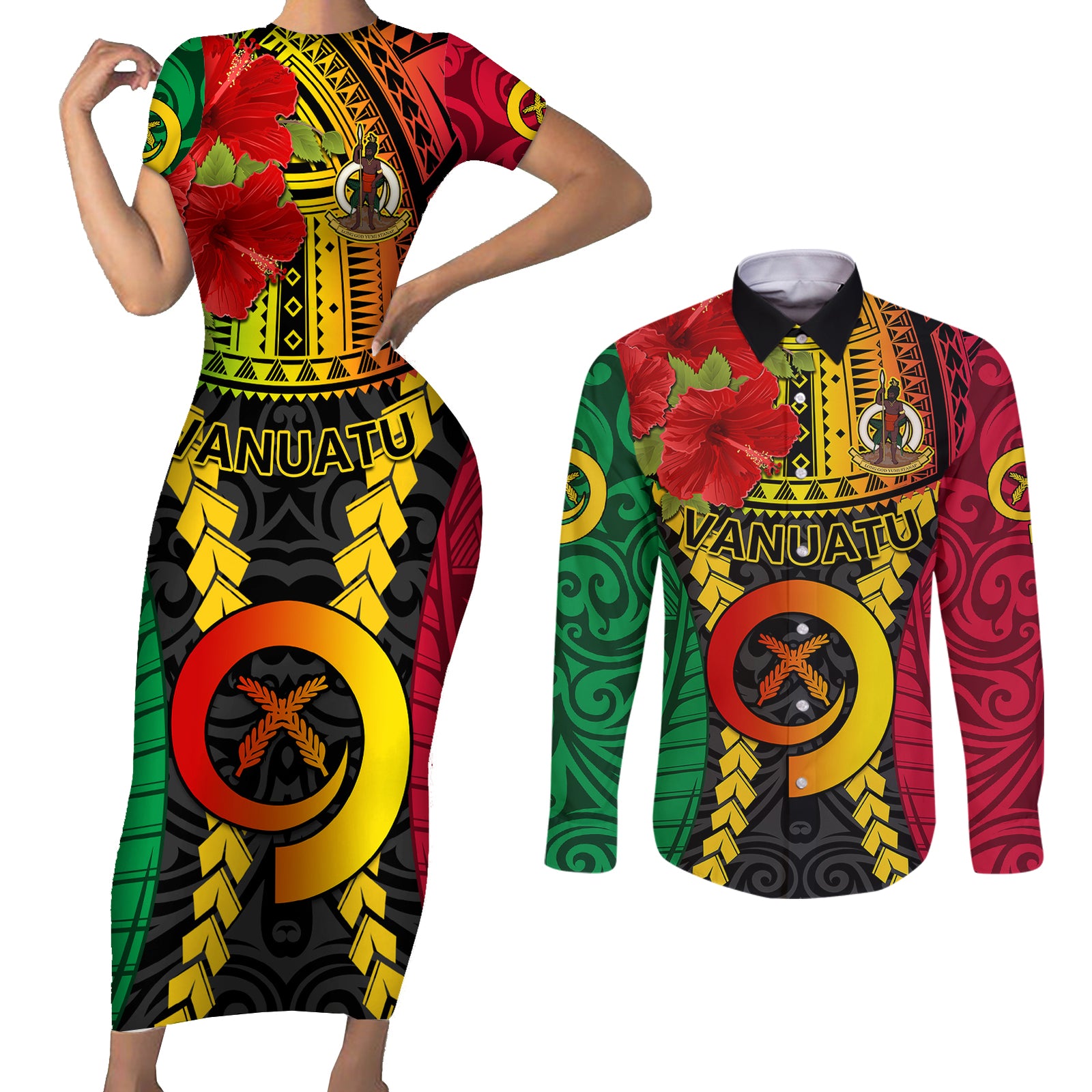 Vanuatu Couples Matching Short Sleeve Bodycon Dress and Long Sleeve Button Shirts Vanuatuan Coat Of Arms Mix Pig Tusk Poynesian Pattern LT05 Reggae - Polynesian Pride