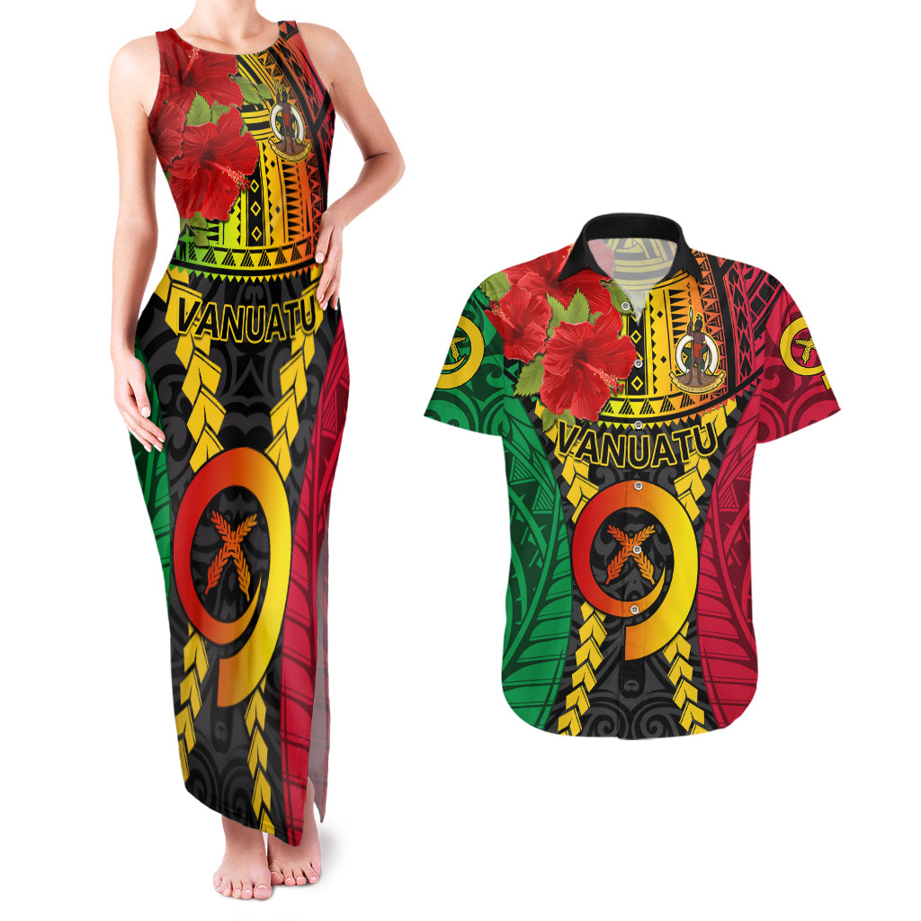 Vanuatu Couples Matching Tank Maxi Dress and Hawaiian Shirt Vanuatuan Coat Of Arms Mix Pig Tusk Poynesian Pattern LT05 Reggae - Polynesian Pride