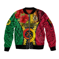 Vanuatu Sleeve Zip Bomber Jacket Vanuatuan Coat Of Arms Mix Pig Tusk Poynesian Pattern LT05 Unisex Reggae - Polynesian Pride