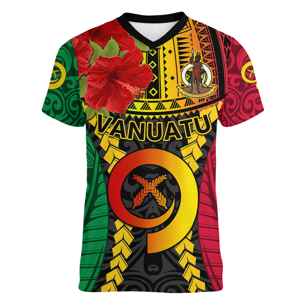 Vanuatu Women V Neck T Shirt Vanuatuan Coat Of Arms Mix Pig Tusk Poynesian Pattern LT05 Female Reggae - Polynesian Pride
