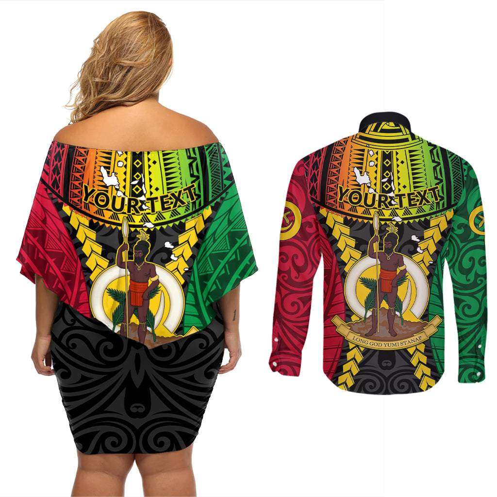 Personalized Vanuatu Couples Matching Off Shoulder Short Dress and Long Sleeve Button Shirts Vanuatuan Coat Of Arms Mix Pig Tusk Poynesian Pattern LT05 - Polynesian Pride