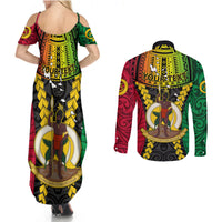 Personalized Vanuatu Couples Matching Summer Maxi Dress and Long Sleeve Button Shirts Vanuatuan Coat Of Arms Mix Pig Tusk Poynesian Pattern LT05 - Polynesian Pride