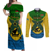 Vanuatu Malampa Province Couples Matching Off Shoulder Maxi Dress and Long Sleeve Button Shirts Coat Of Arms And Namele Fern Polynesian Pattern LT05 Yellow - Polynesian Pride
