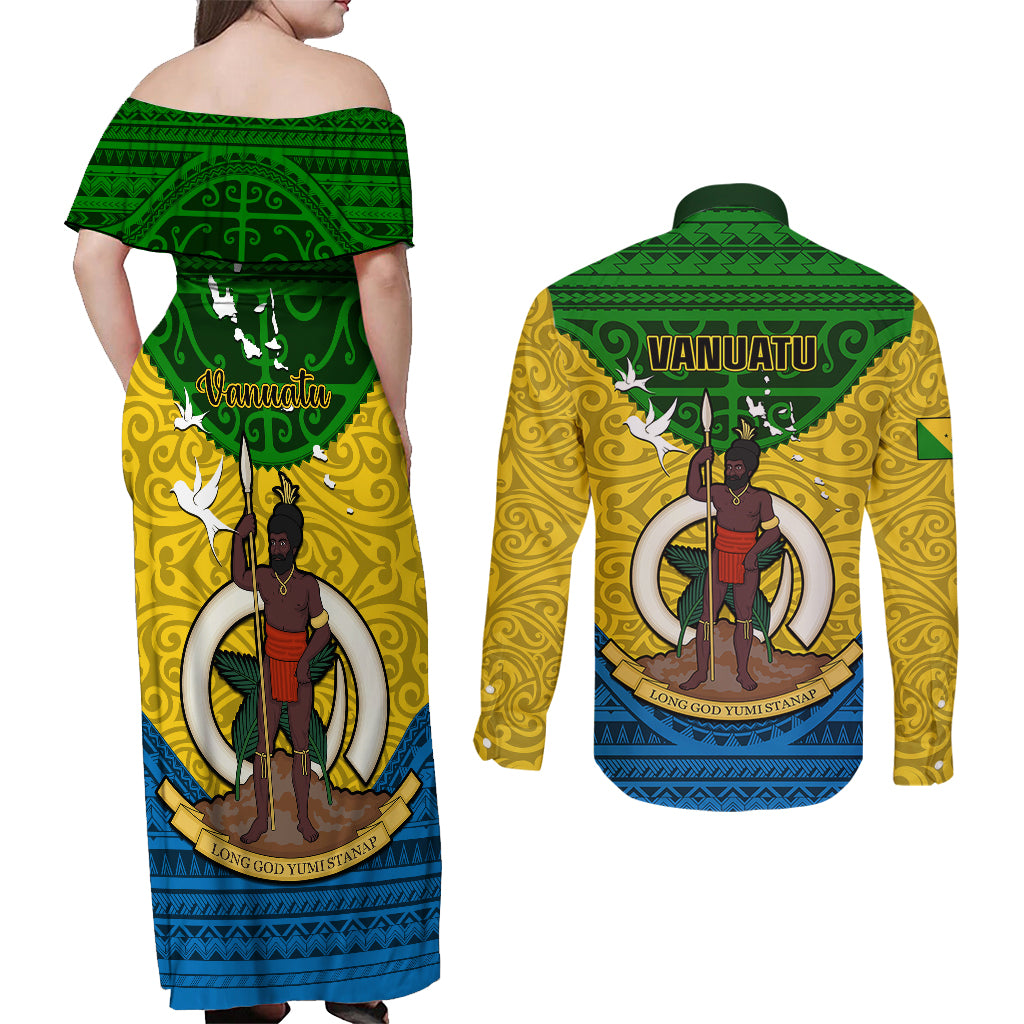 Vanuatu Malampa Province Couples Matching Off Shoulder Maxi Dress and Long Sleeve Button Shirts Coat Of Arms And Namele Fern Polynesian Pattern LT05 - Polynesian Pride