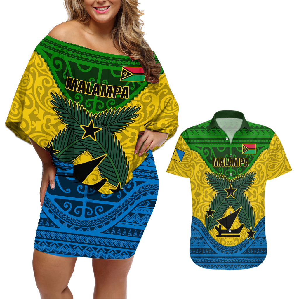 Vanuatu Malampa Province Couples Matching Off Shoulder Short Dress and Hawaiian Shirt Coat Of Arms And Namele Fern Polynesian Pattern LT05 Yellow - Polynesian Pride