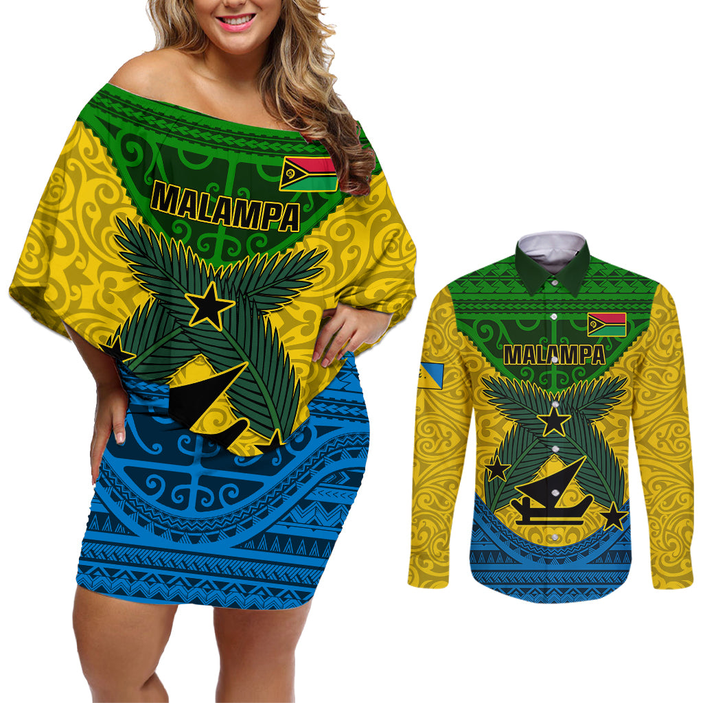 Vanuatu Malampa Province Couples Matching Off Shoulder Short Dress and Long Sleeve Button Shirts Coat Of Arms And Namele Fern Polynesian Pattern LT05 Yellow - Polynesian Pride