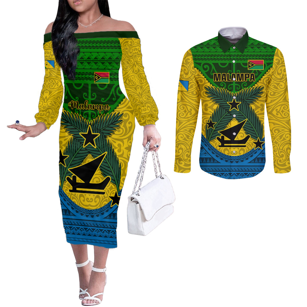 Vanuatu Malampa Province Couples Matching Off The Shoulder Long Sleeve Dress and Long Sleeve Button Shirts Coat Of Arms And Namele Fern Polynesian Pattern LT05 Yellow - Polynesian Pride