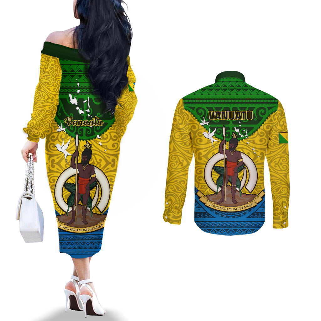 Vanuatu Malampa Province Couples Matching Off The Shoulder Long Sleeve Dress and Long Sleeve Button Shirts Coat Of Arms And Namele Fern Polynesian Pattern LT05 - Polynesian Pride