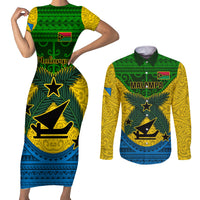 Vanuatu Malampa Province Couples Matching Short Sleeve Bodycon Dress and Long Sleeve Button Shirts Coat Of Arms And Namele Fern Polynesian Pattern LT05 Yellow - Polynesian Pride